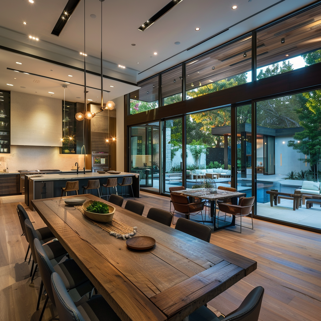 An airy atmosphere and seamless flow are the hallmarks of this modern dining room's open floor plan, which also incorporates defined areas for different functions