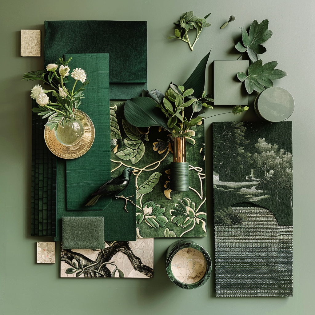An array of deep green shades presented on a moodboard, illustrating their potential to add luxury and tranquility to any interior setting