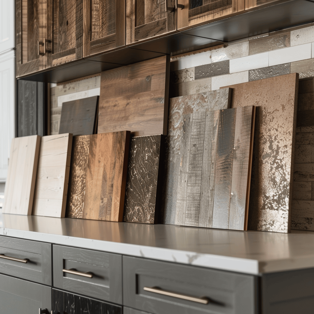 An array of kitchen cabinet finishes, including rustic reclaimed wood, high-gloss lacquer, and textured laminates, showcasing the diverse range of materials available for kitchen design