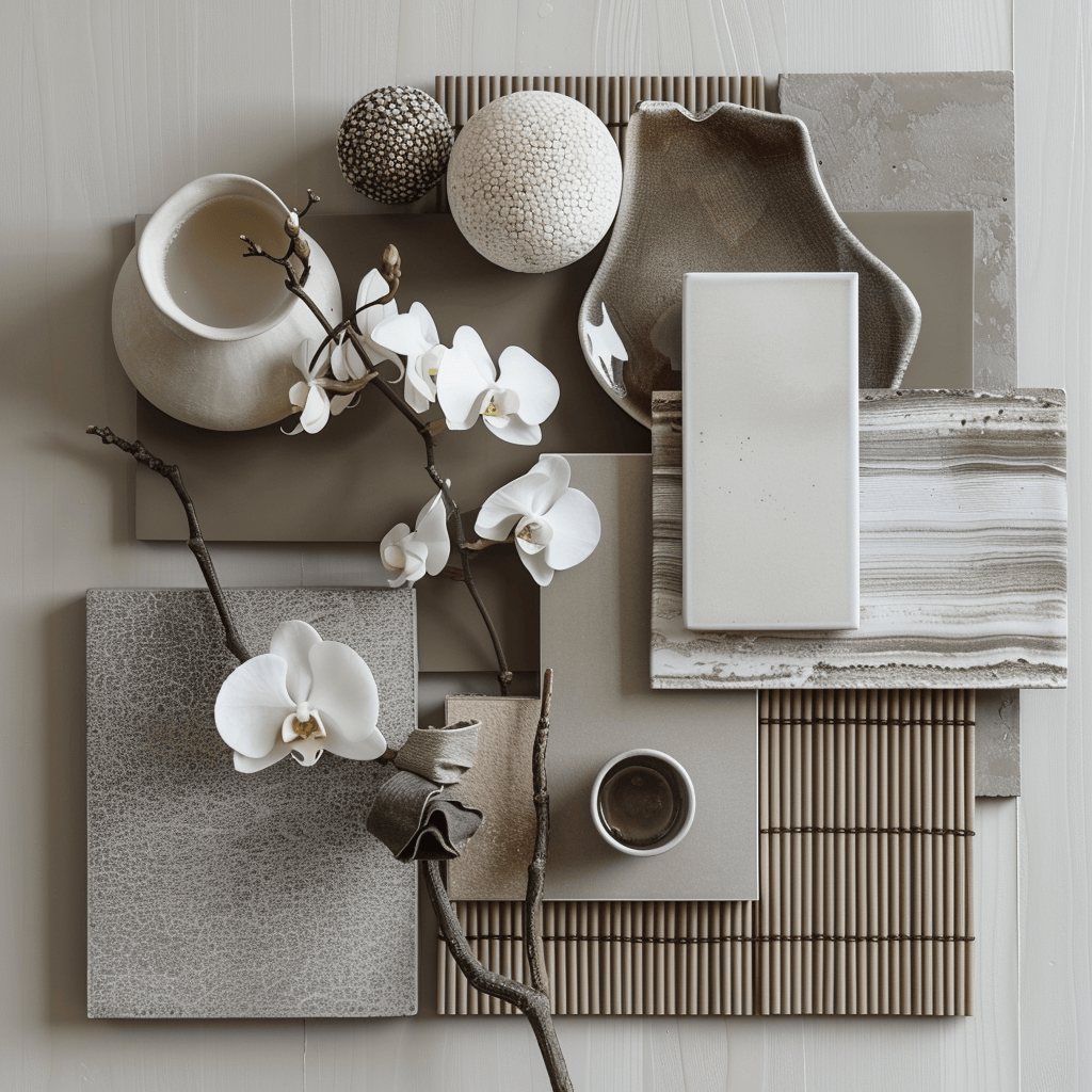 An assortment of warm gray shades presented on a moodboard, illustrating their soothing presence and adaptability in enhancing room aesthetics