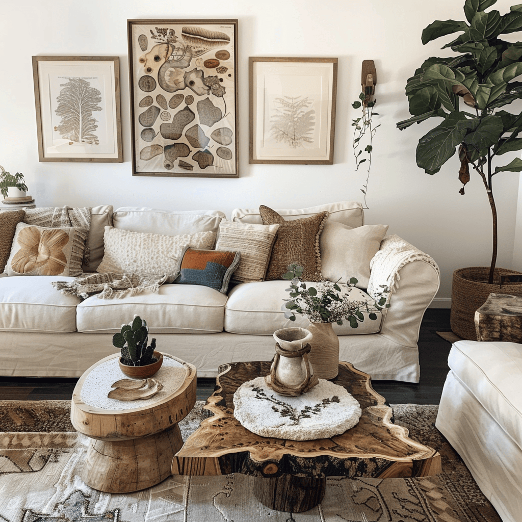 An earthy living room decorated with handcrafted pottery vases, botanical print wall art, and geode coasters, adding natural charm and character to the space