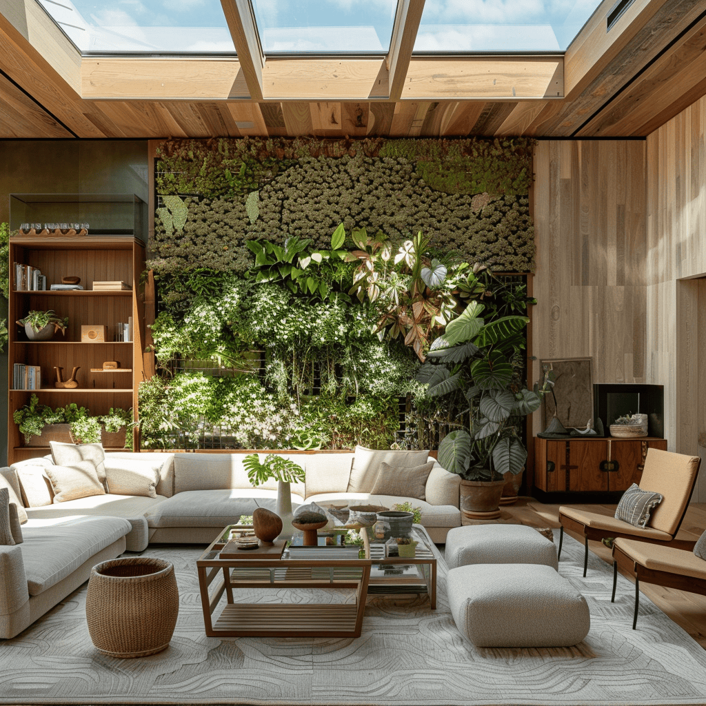 An earthy living room featuring a lush living wall, potted plants, and a skylight allowing abundant natural light to filter through, creating a serene biophilic oasis