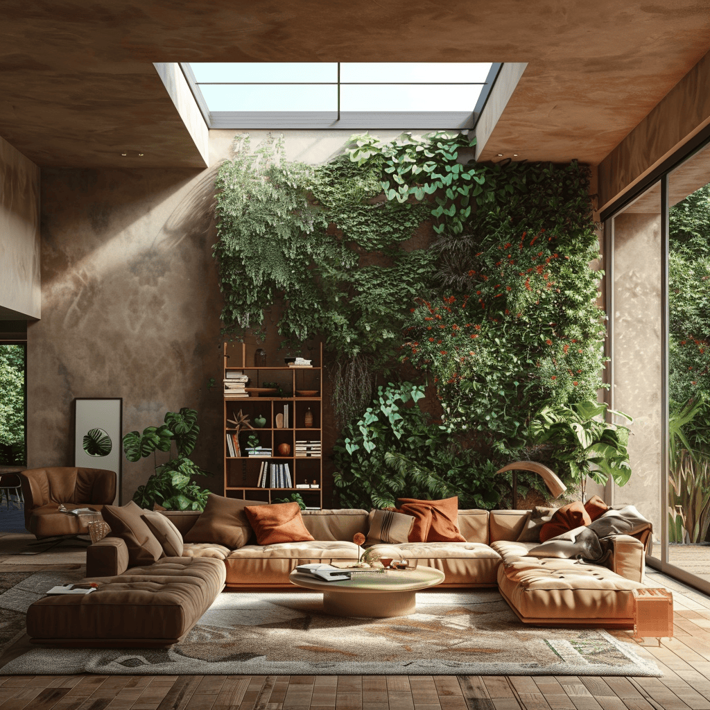 An_earthy_living_room_featuring_a_lush_living_wall_potted_plants_and_a_skylight_allowing_abundant_natural_light_to_filter_through_creating_a_serene_biophilic_oasis