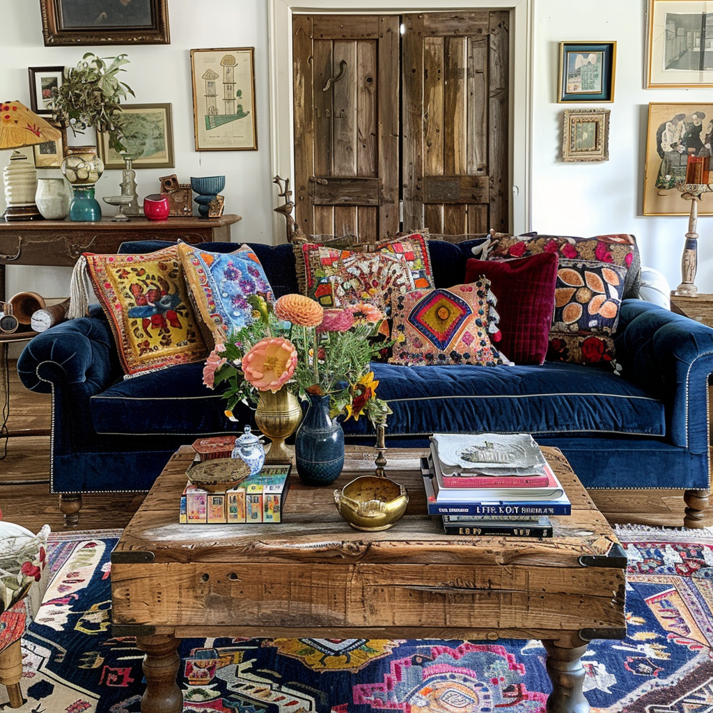 An eclectic English countryside-inspired living room with a deep blue velvet sofa, a rustic wooden coffee table, colorful bohemian textiles, and an assortment of global-inspired decor pieces