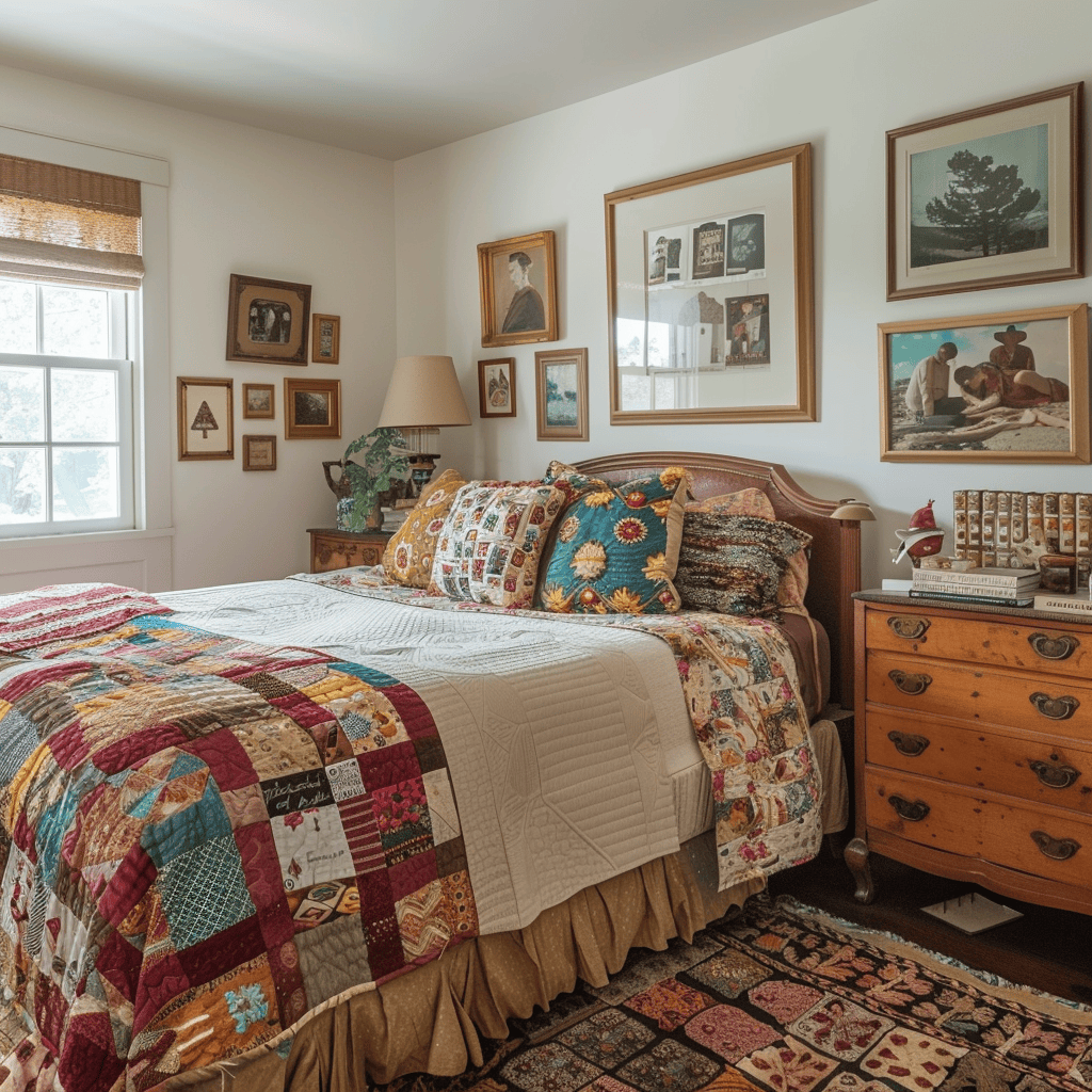 An eclectic bedroom that incorporates sentimental items, such as a quilt handmade by a grandmother, a collection of family photos, and a set of vintage postcards from a memorable trip, adding a sense of personal history and emotional connection