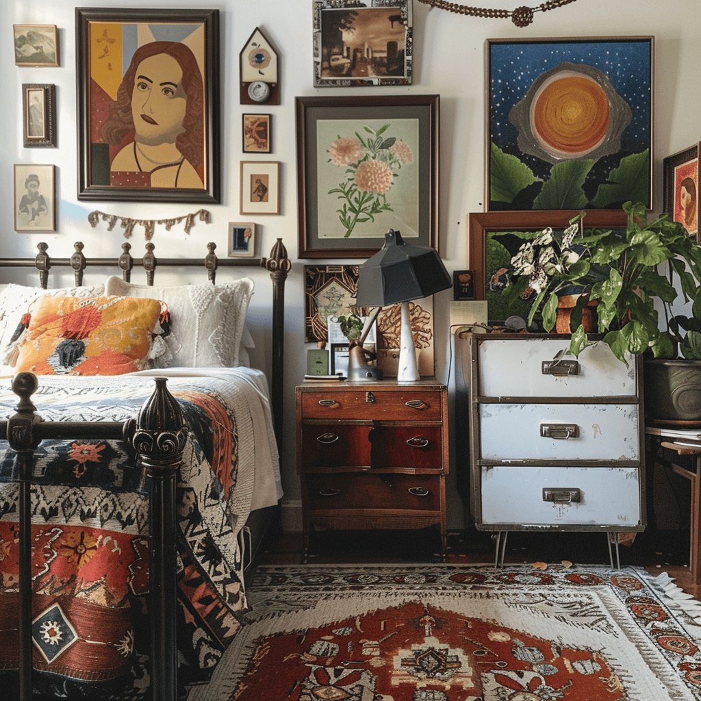 An eclectic bedroom with a mix of vintage and modern furniture, colorful textiles, and an array of art pieces on the walls, capturing the essence of personal expression and unique style