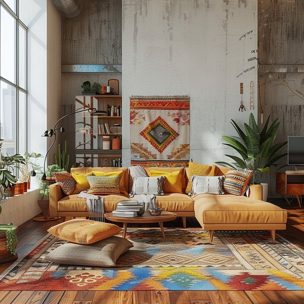 An eclectic living space that successfully combines mid-century modern colors and elements with other design styles, such as bohemian or industrial4