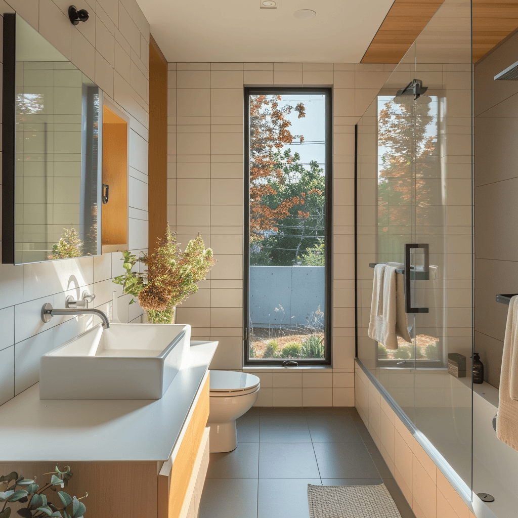 An eco-conscious modern bathroom featuring water-saving fixtures, such as low-flow toilets, showerheads, and faucets, reducing water consumption without sacrificing performance, modern bathroom