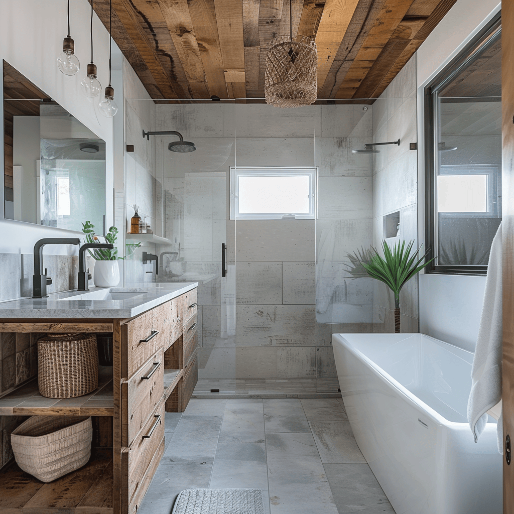 An eco-friendly modern bathroom with water-saving fixtures, energy-efficient lighting, and sustainable materials like recycled tiles and reclaimed wood, modern bathroom