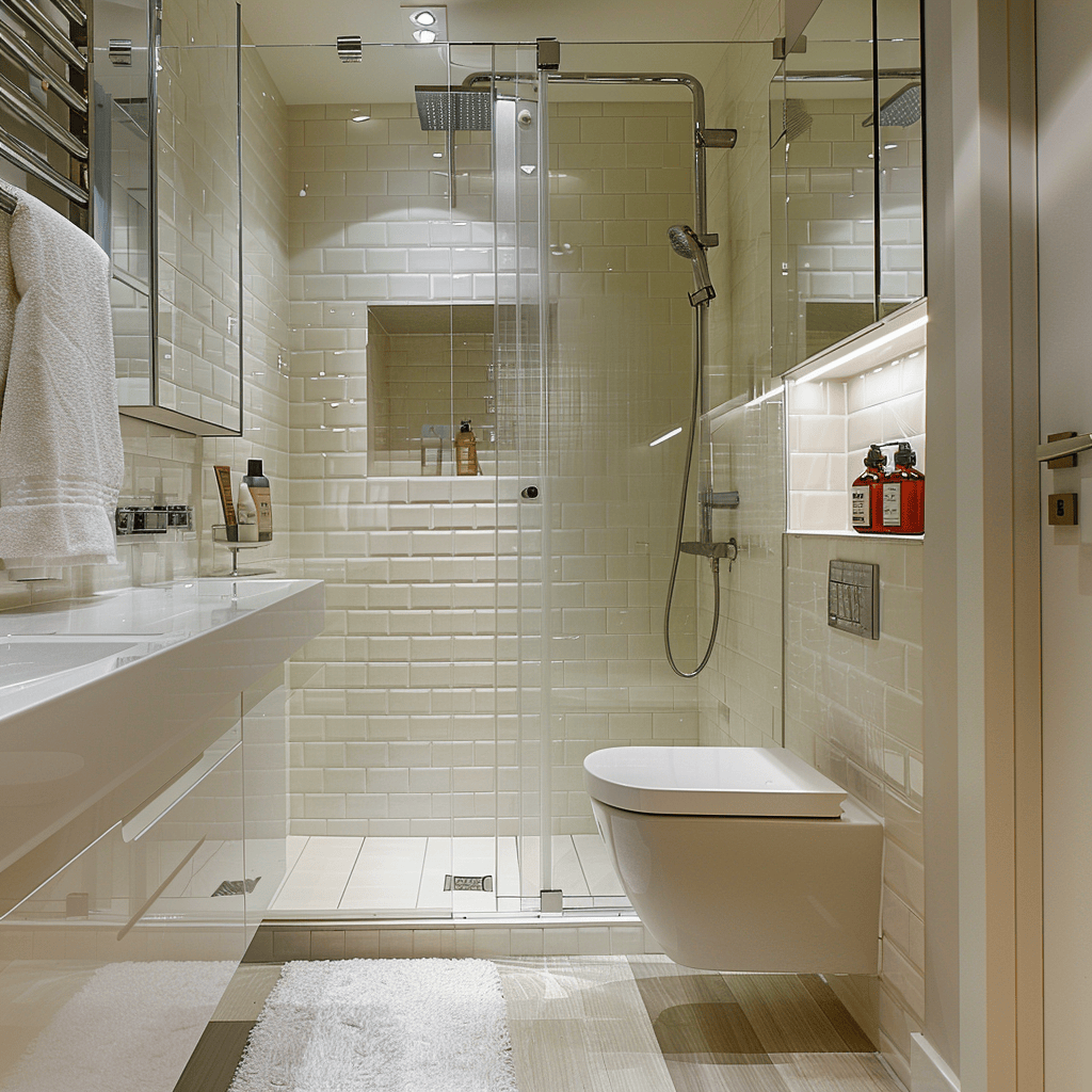 An efficiently designed small bathroom, featuring a compact vanity, a wall-mounted toilet, and a walk-in shower with a glass enclosure to maximize space