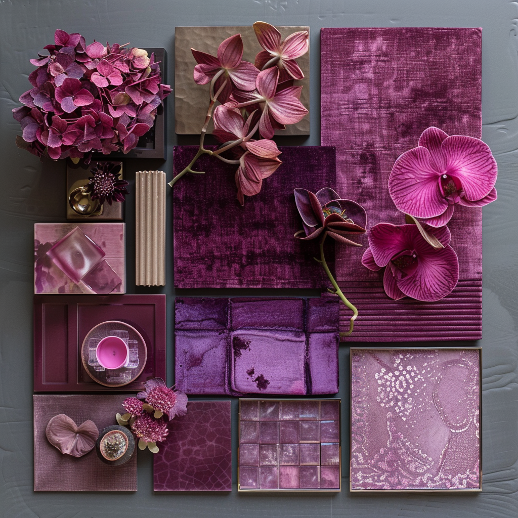 An elegant array of purples and pinks, highlighting the luxurious depth these colors bring to bohemian decor