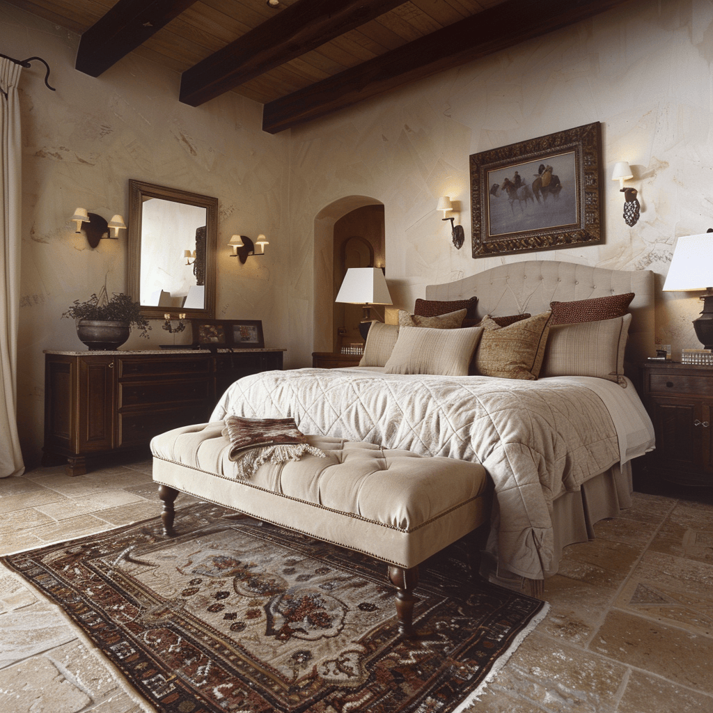 An elegant bedroom with a travertine tile floor, a plush area rug, and an upholstered bed with earthy-toned linens