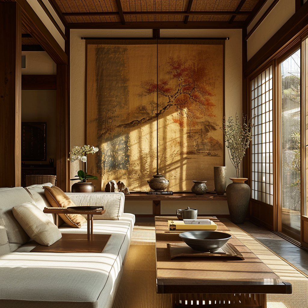 An elegant living room with modern Japanese-inspired design and minimalist furniture.