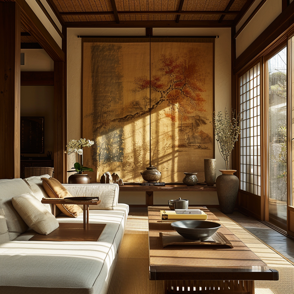 An elegant living room with modern Japanese-inspired design and minimalist furniture