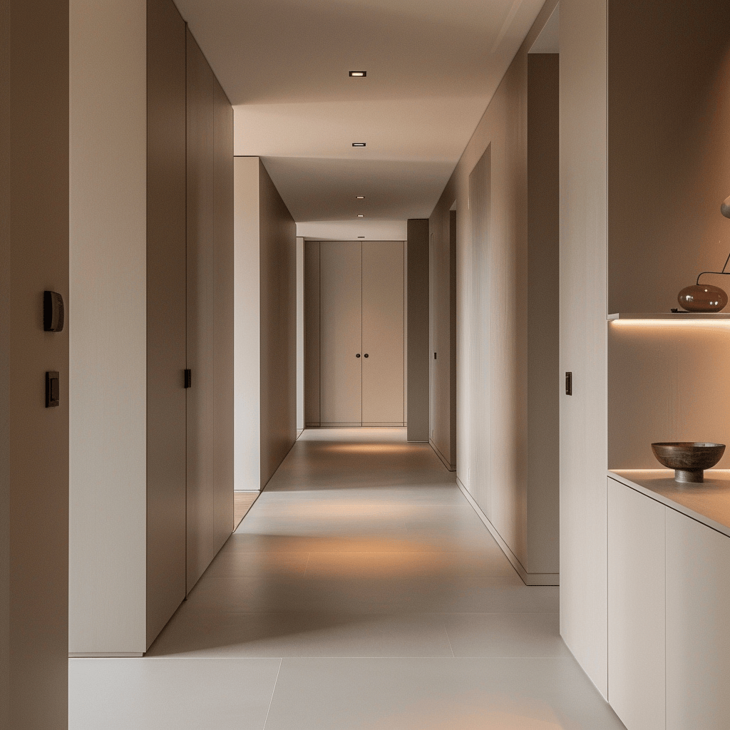 An elegantly designed minimalist hallway featuring a cohesive color scheme, subtle textures, and purposeful decor elements