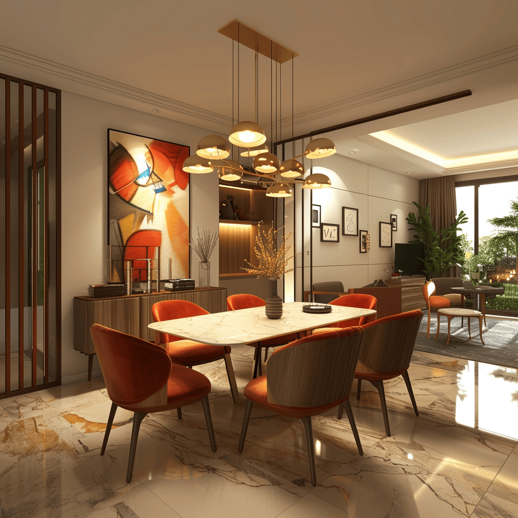 An inclusive and accommodating modern dining room is achieved through flexible seating, adjustable lighting, and an accessible layout that caters to different needs