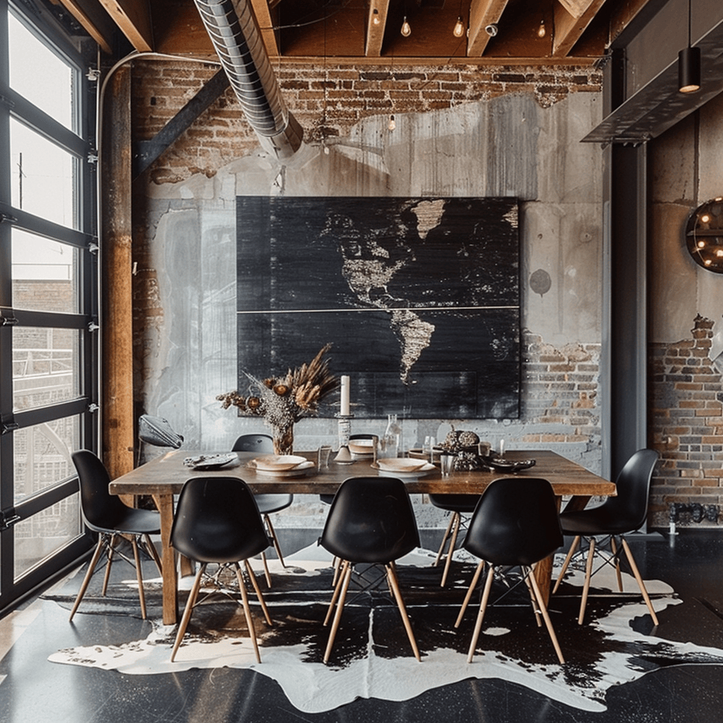 An industrial dining room with a cowhide rug underneath the dining table, adding warmth and texture