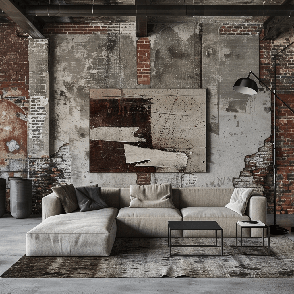 An industrial minimalist loft space with exposed brick walls, concrete flooring, a low-profile sofa in neutral gray, accented with a black metal floor lamp and abstract art3