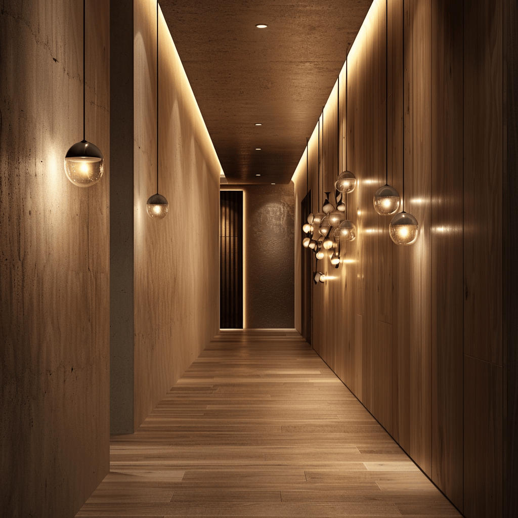 An interior hallway demonstrating the effective use of artificial lighting to enhance the ambiance and functionality of a minimalist space