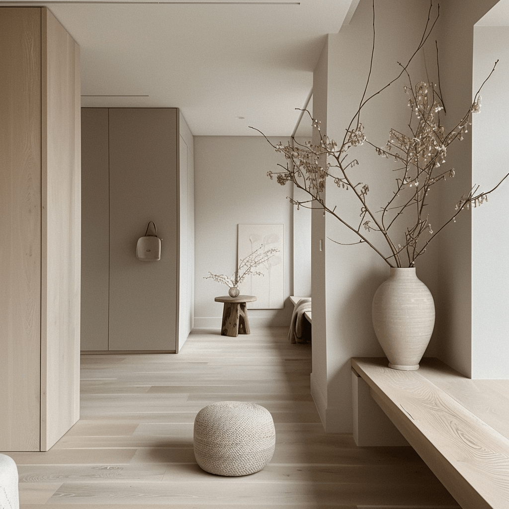 An interior hallway showcasing the effective application of minimalist design principles to achieve a simple, functional, and inviting space