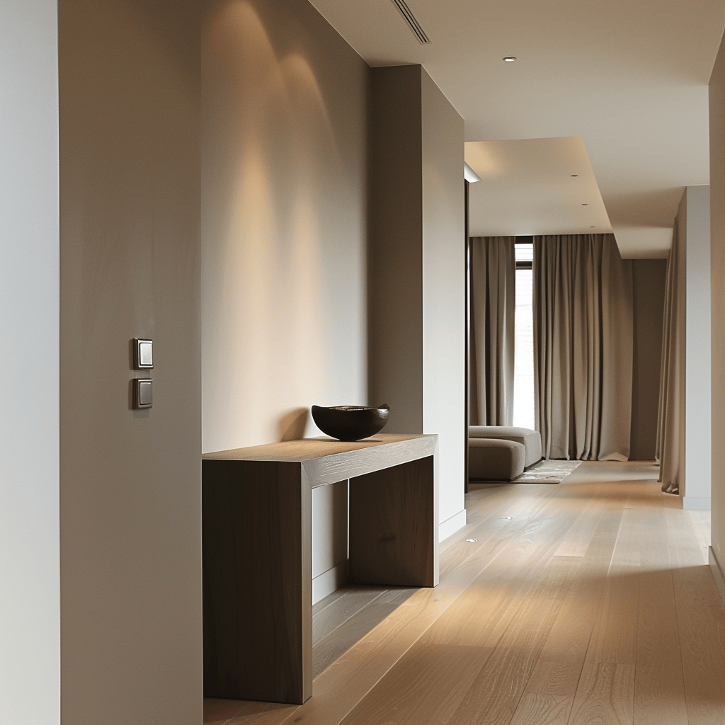 An interior hallway showcasing the effective use of a minimalist console to enhance the practicality and visual appeal of the design