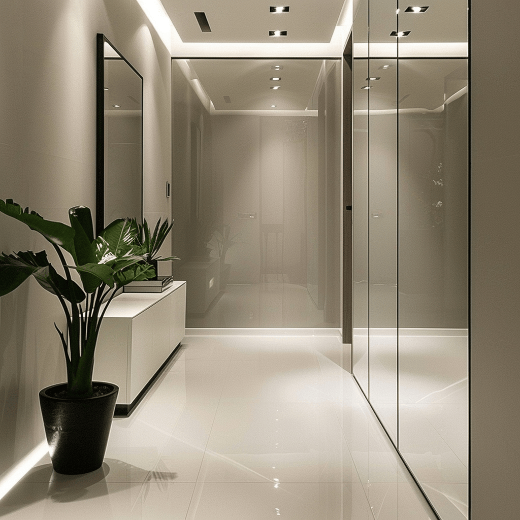 An interior hallway showcasing the effective use of mirrors to enhance the brightness and perceived size of a minimalist space