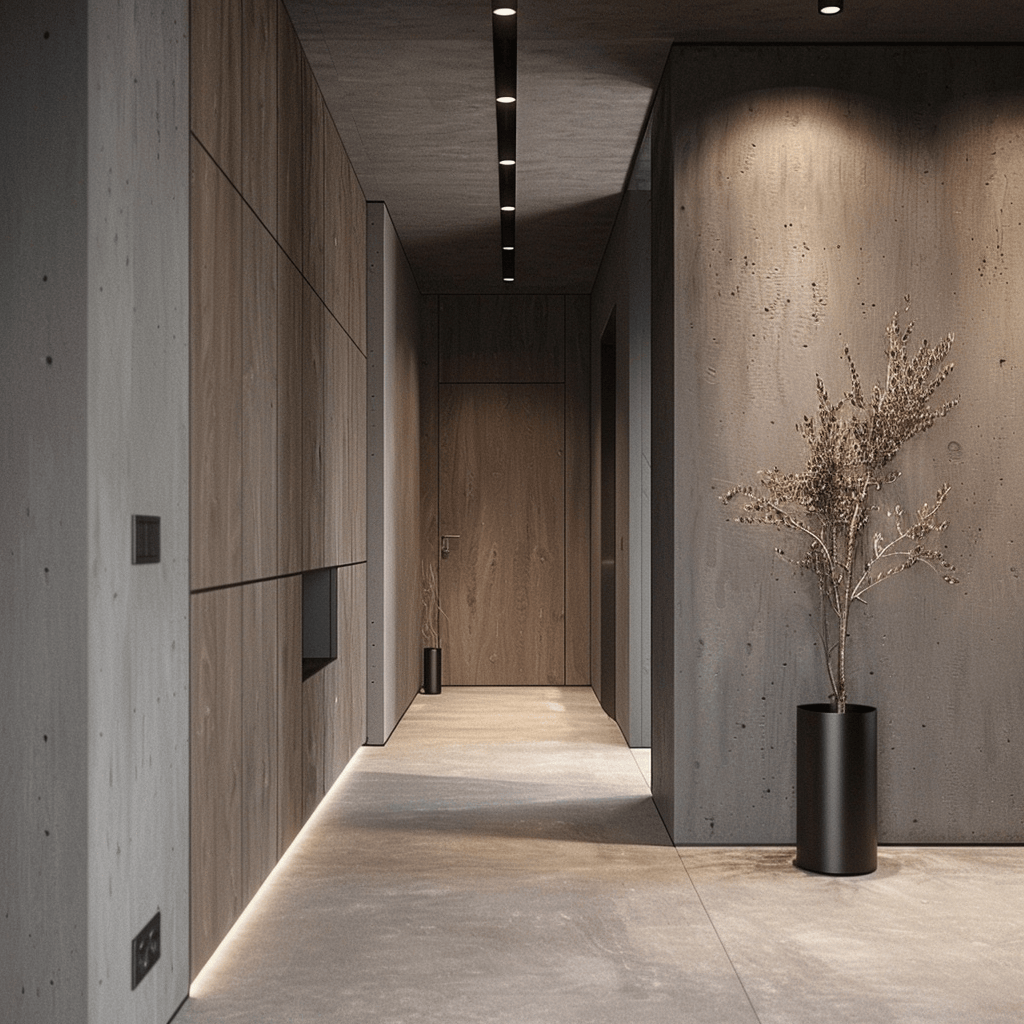An interior hallway that demonstrates the impact of flooring choice in creating a clean and cohesive minimalist design