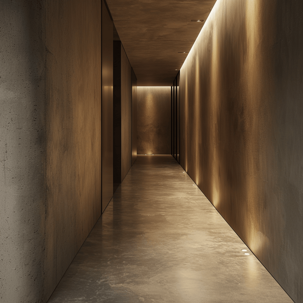 An interior space that exemplifies the effectiveness of concrete flooring in achieving a minimalist and industrial-inspired hallway design