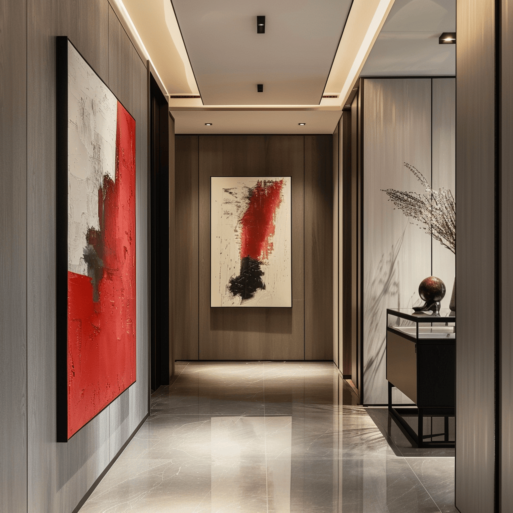 An interior space that exemplifies the power of pops of color in elevating the overall aesthetic and mood of a minimalist hallway