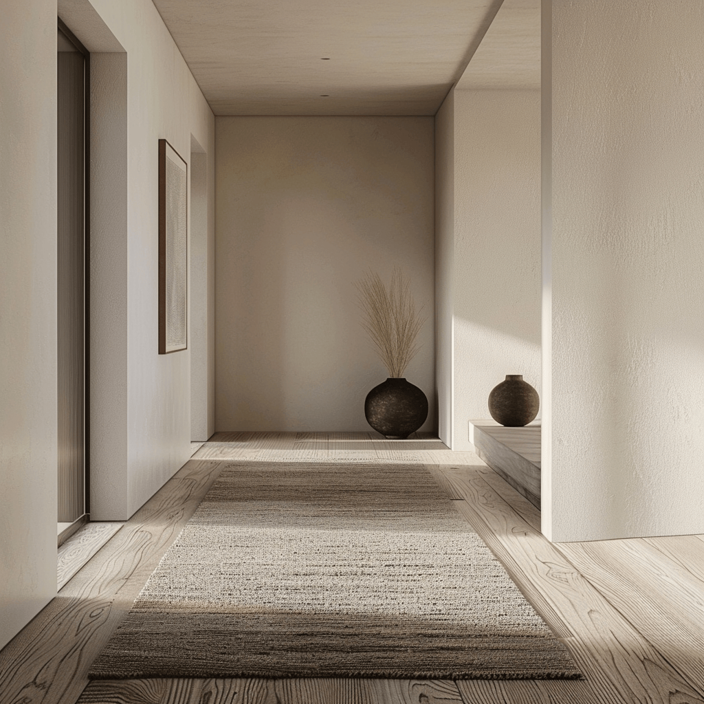 An interior space that exemplifies the role of a minimalist rug in completing and elevating a hallway design