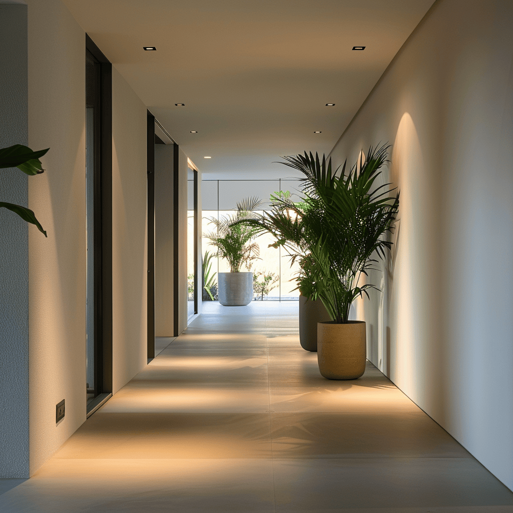 An interior space that exemplifies the role of plants in enhancing the overall well-being and visual appeal of a minimalist hallway