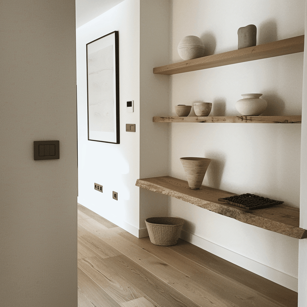 An interior space that exemplifies the role of wall-mounted shelves in achieving a clutter-free and visually appealing minimalist hallway