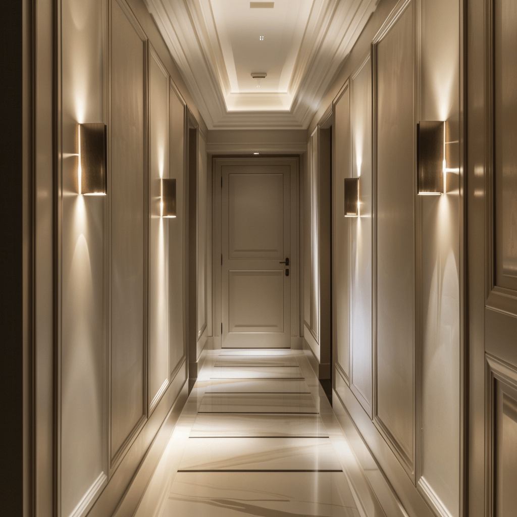 An interior space that exemplifies the role of wall sconces in enhancing the overall ambiance and style of a minimalist hallway
