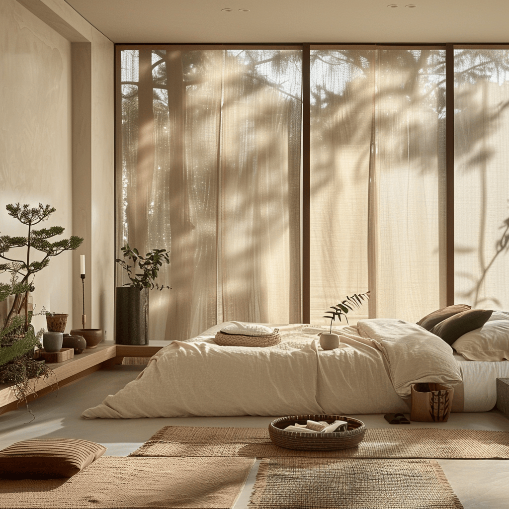 An interior view of a Japandi bedroom designed to be a serene retreat for unwinding and recharging, featuring a harmonious blend of soothing hues, organic textures, and carefully selected decor that promotes well-being