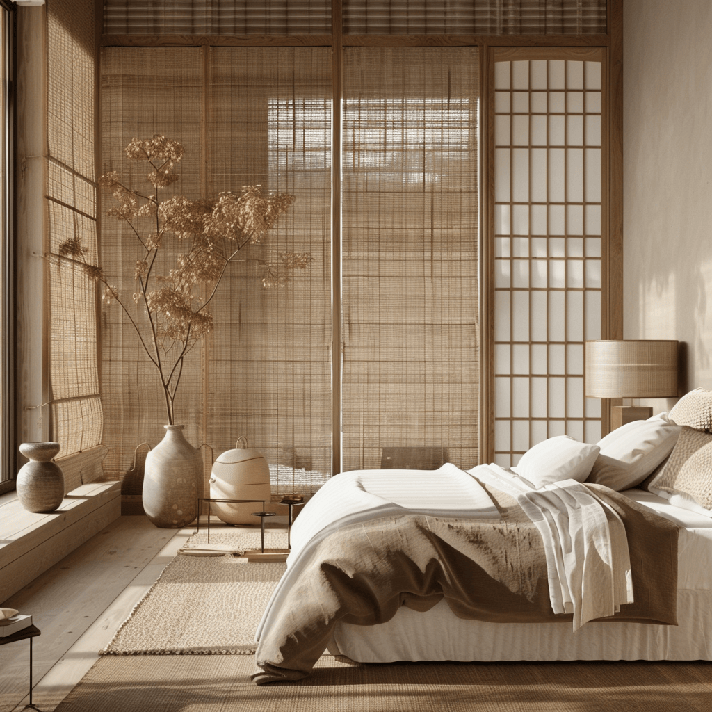 An interior view of a Japandi bedroom showcasing a combination of light-diffusing shoji screens, sleek minimalist curtains, and textural woven shades, creating a serene and private atmosphere