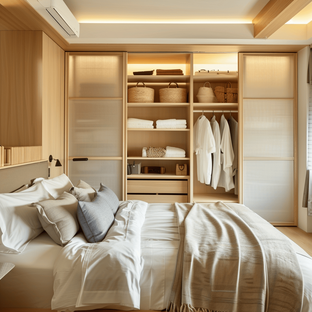 An interior view of a Japandi bedroom showcasing the importance of efficient storage options, including integrated shelves, concealed drawers, and a clean-lined closet, which help to keep the space organized and visually serene