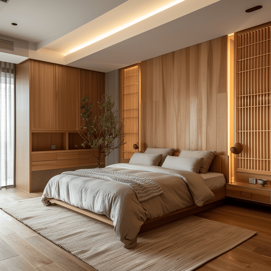 An interior view of a Japandi bedroom that effortlessly incorporates technology, featuring sleek, understated devices, concealed cable management, and customizable intelligent lighting, preserving the space's tranquil ambiance