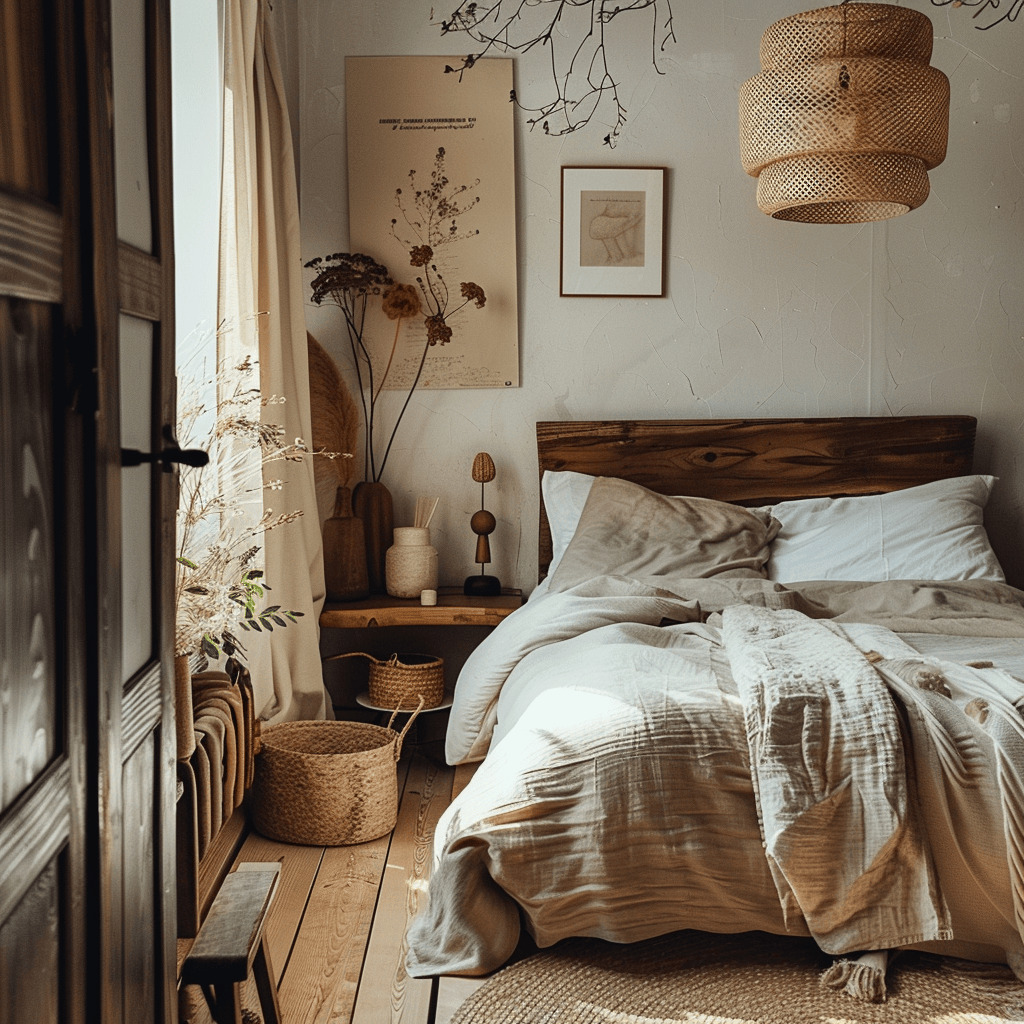 An interior view of a Japandi bedroom that embraces affordability, with second-hand furniture finds, budget-friendly natural accents, and inventive DIY projects, proving that elegance doesn't require extravagance