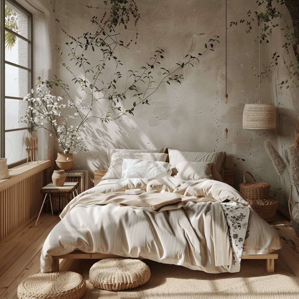 An interior view of a Japandi bedroom that incorporates budget-friendly natural accents, including gathered stones, weathered wood, preserved botanical specimens, and low-maintenance potted plants