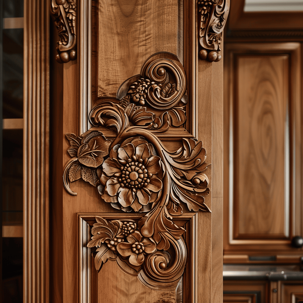 An intricate, hand-carved kitchen cabinet door, showcasing the artistry and craftsmanship of bespoke cabinetry, with a rich, warm wood finish that highlights the unique grain and character of the material