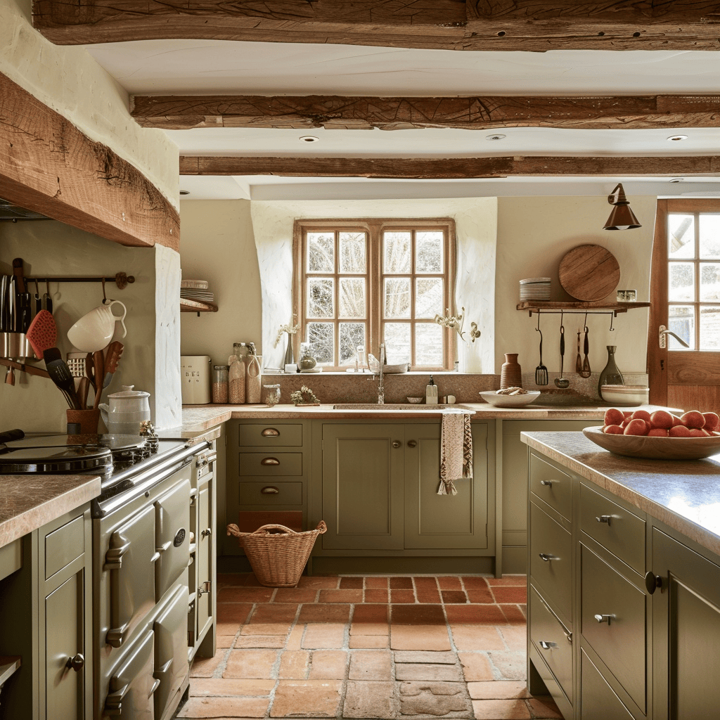 An inviting English countryside kitchen that embraces the warmth of earthy tones, featuring exposed wooden beams, terracotta floor tiles, and olive green cabinets that contribute to its rustic charm
