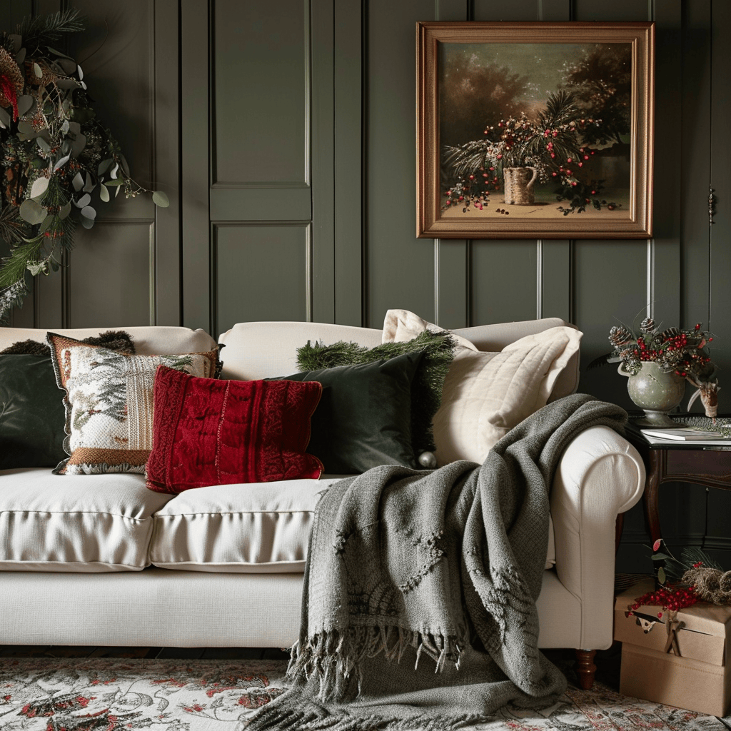 An inviting English countryside living room decorated for winter with muted gray walls, a creamy white sofa, cozy textured throws, and festive accents in deep green and crimson red, creating a warm, intimate atmosphere