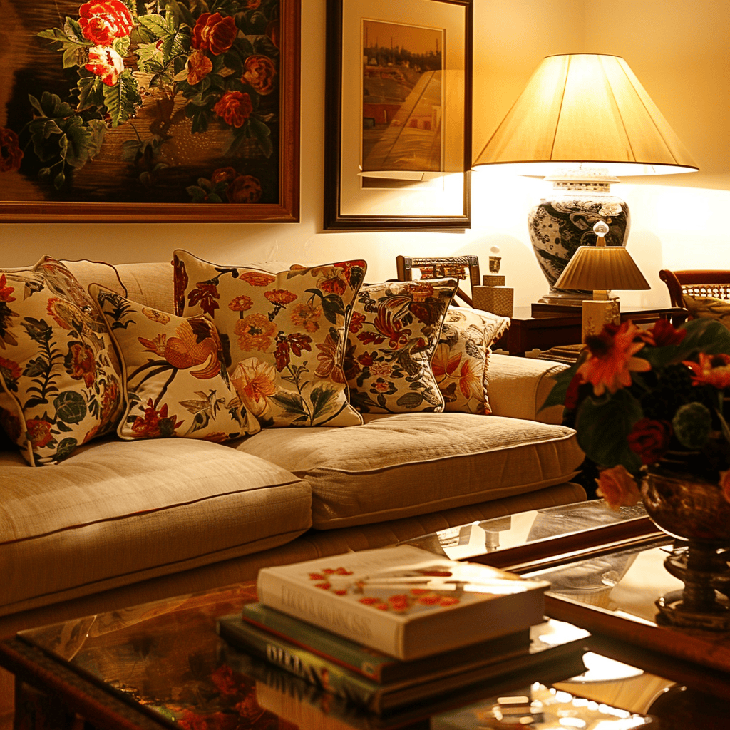 An inviting English countryside living room is transformed by the warm glow of golden lighting, which highlights earthy colors, creates a soothing atmosphere, and showcases vibrant accents in artwork and decorative elements