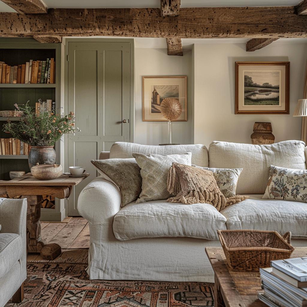 An inviting English countryside living room with muted gray walls, a creamy white sofa, rustic wooden furnishings, and accents in earthy terracotta and vibrant green, creating a harmonious, comfortable space