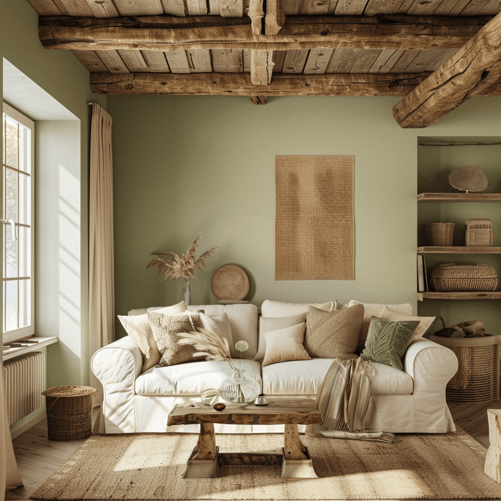 An inviting English countryside living room with warm, earthy tone walls, a soft muted green accent wall, and a ceiling featuring exposed wooden beams, creating a cozy, welcoming atmosphere