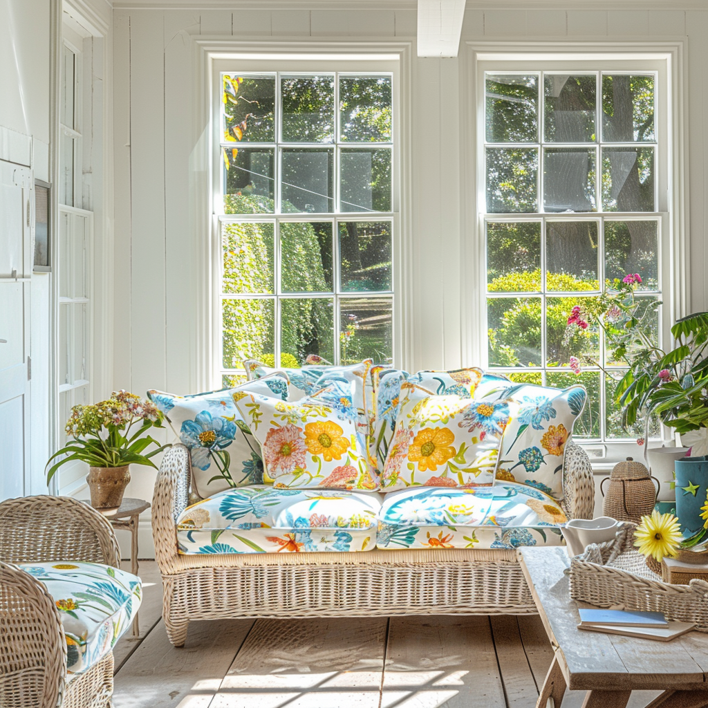 An inviting English countryside sunroom decorated for summer with creamy white walls, wicker furniture, vibrant wildflower-patterned cushions, and accents in sunny yellow and sky blue, creating a cheerful, breezy atmosphere