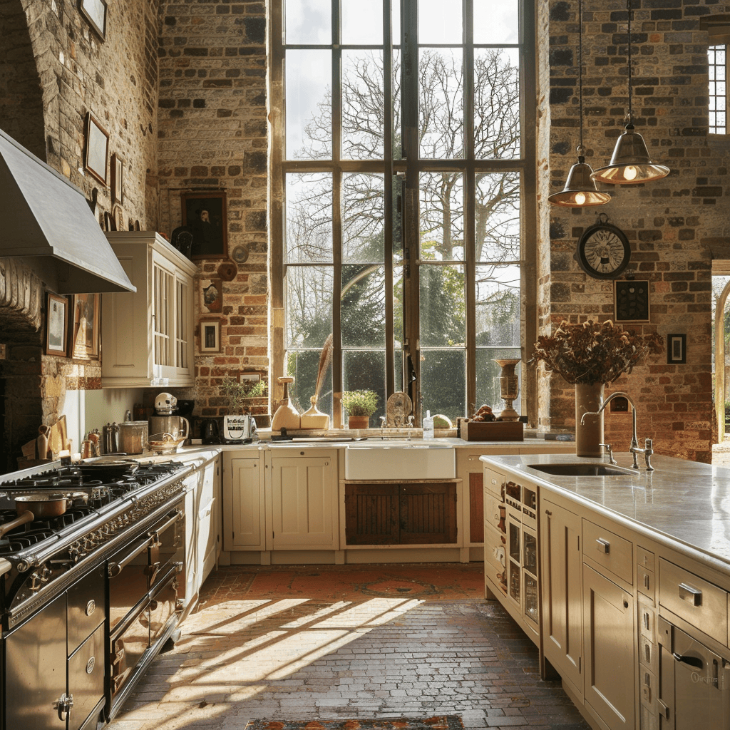 An inviting English kitchen with architectural details like exposed brick walls, ample natural light from large windows, and high ceilings for an open feel