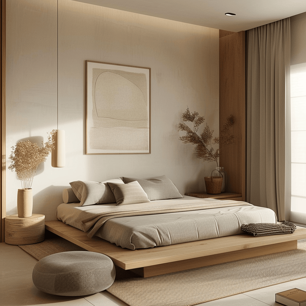 An inviting Japandi bedroom that showcases the successful fusion of Japanese and Scandinavian design principles, featuring a clean-lined platform bed, warm wood
