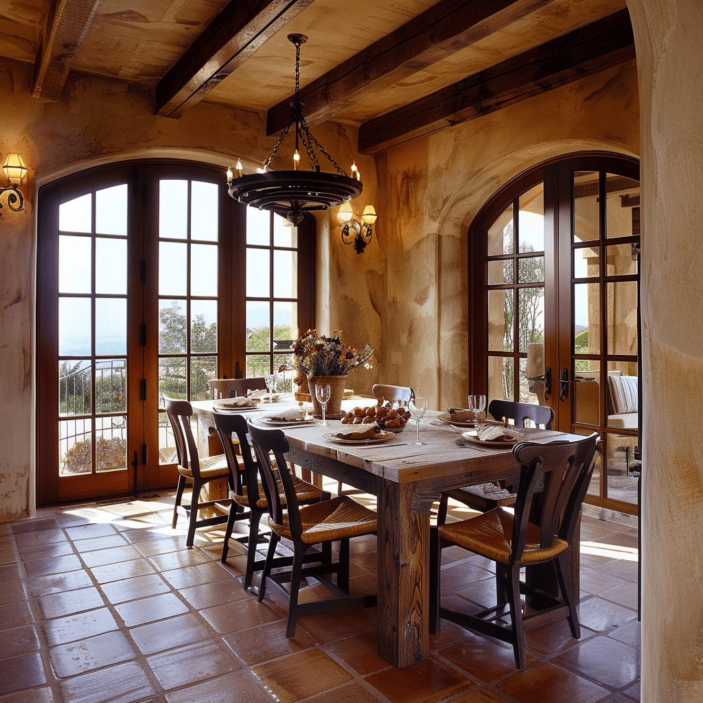 An inviting Mediterranean dining room with a harmonious blend of colors, textures, and furnishings that create a warm and cozy atmosphere