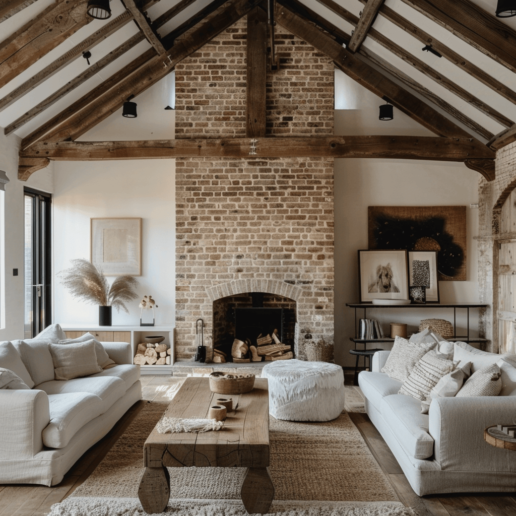 An inviting Modern English Farmhouse living space that combines the charm of rustic elements like exposed beams and a brick fireplace with the comfort and style of modern furniture pieces